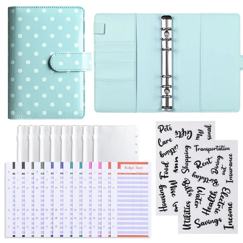 A light mint green A6 polka dot PU leather binder wallet with card holder and cash envelopes