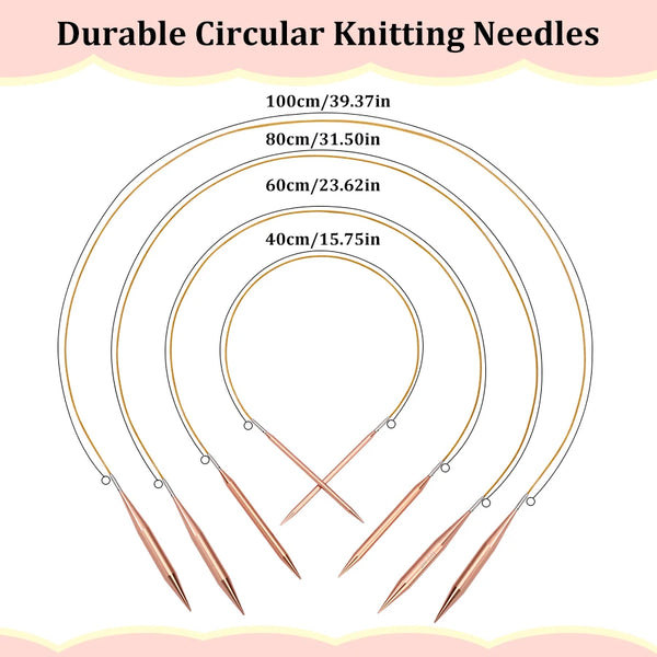 A set of durable circular knitting needles in various sizes, including 100cm down to 40cm, shown against a white background.
