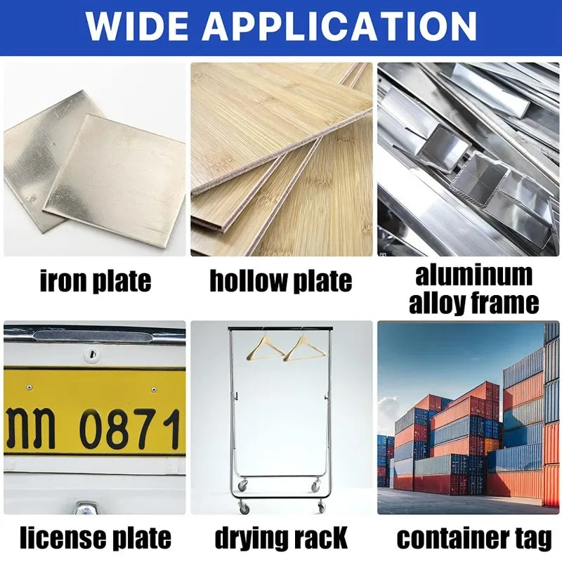 A collection of various metal plates and frames including an iron plate, hollow plate, aluminum alloy frame, license plate, a