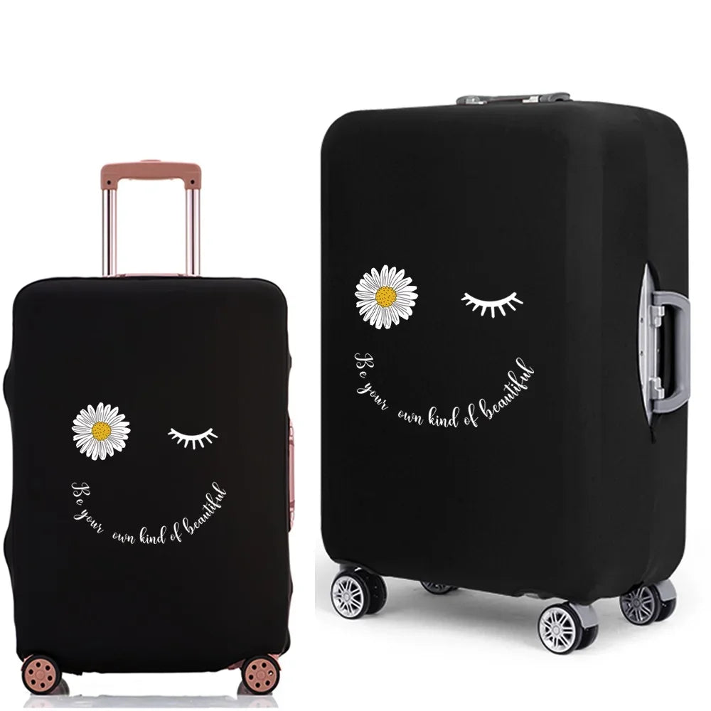 Black elastic suitcase protective cover featuring a daisy print design.