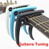 A set of adjustable white and blue guitar capos with built-in bridge pin pullers shown next to a guitar neck.