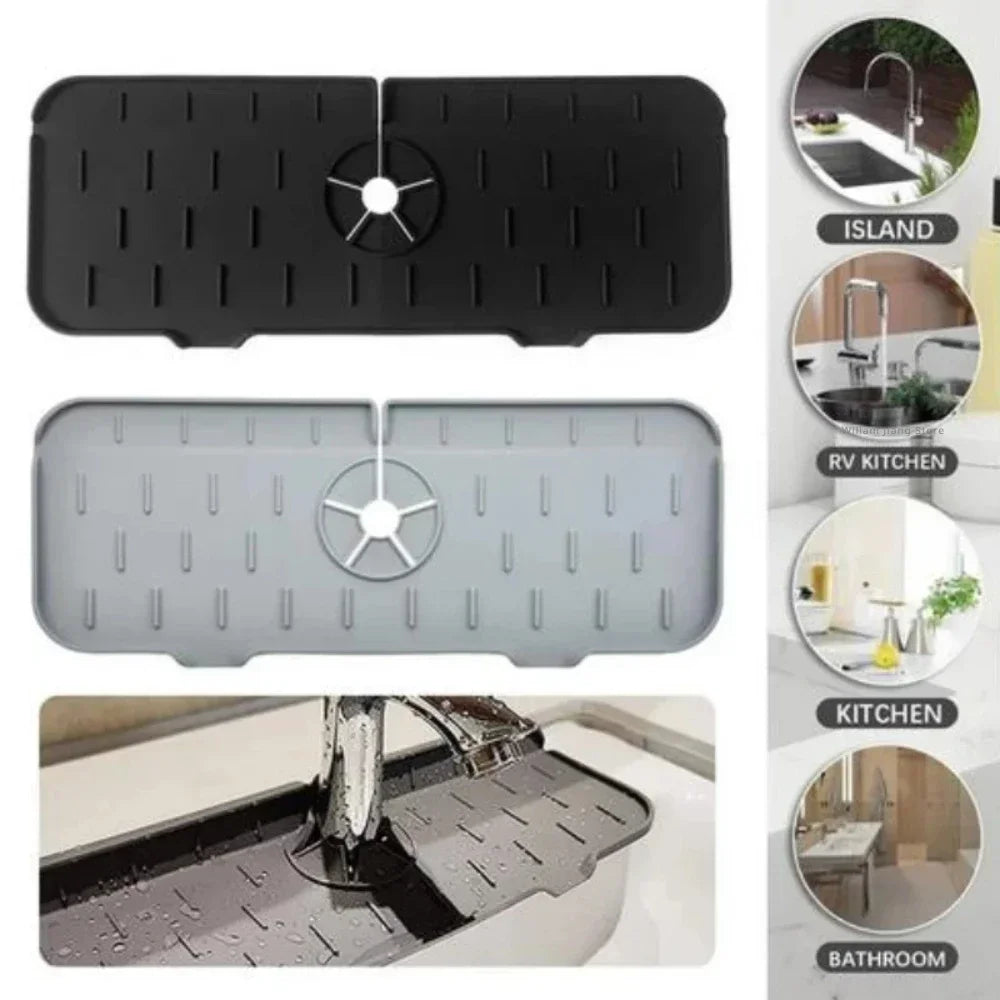 Black and gray silicone kitchen sink mat with a faucet splash guard shown in various angles.