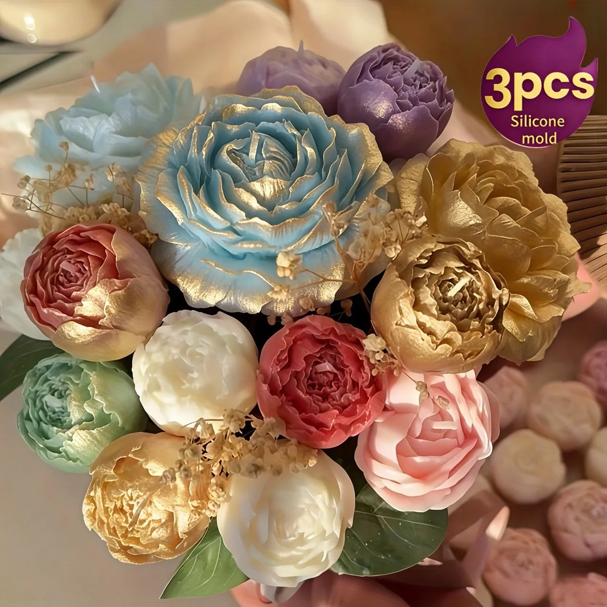 A cluster of colorful silicone rose molds in shades of blue, pink, and gold used for crafting.