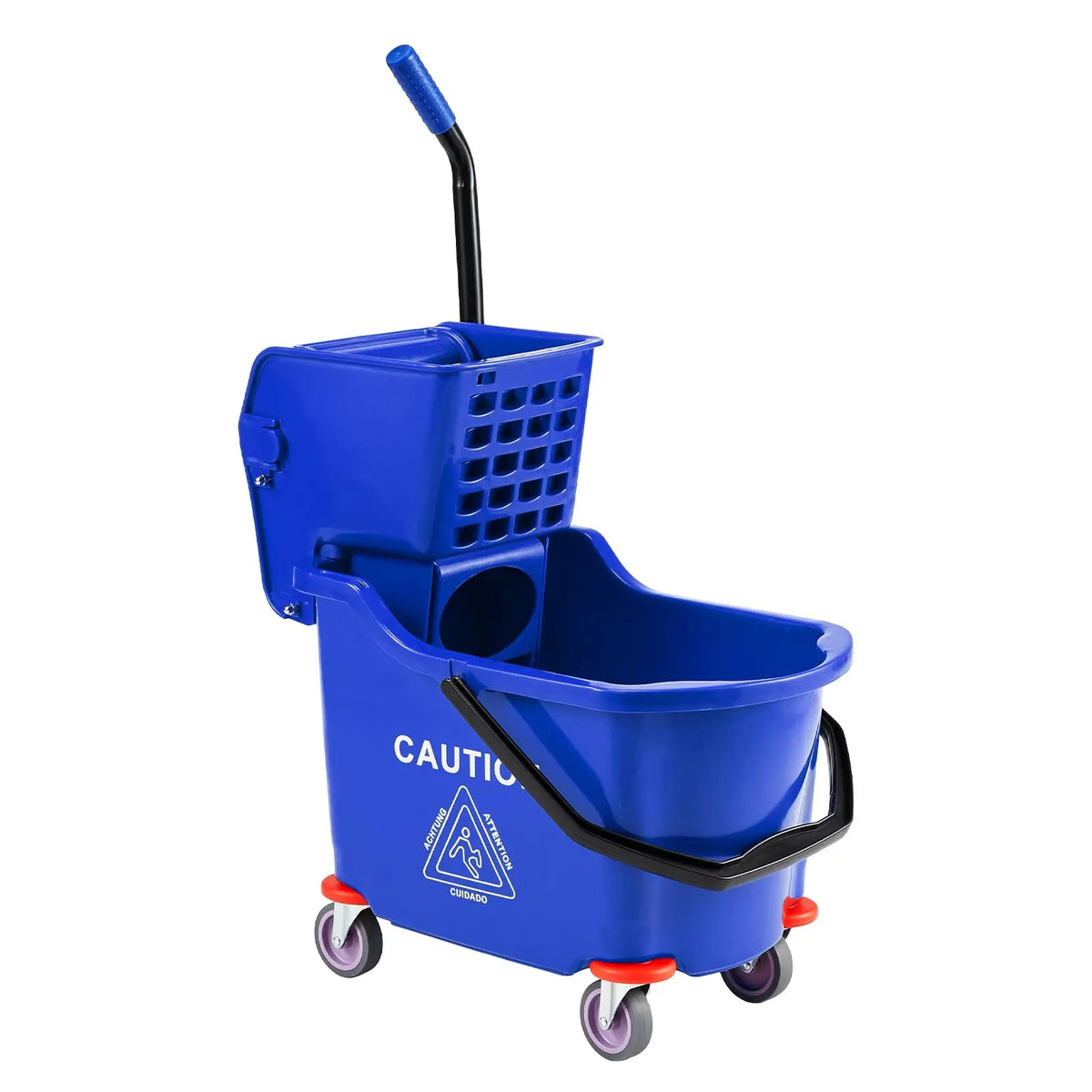 Blue heavy-duty rolling mop bucket with a side-press wringer and handle.