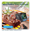 A hand holds a black digital infrared thermometer measuring the temperature of a piece of roasted beef on a grill.