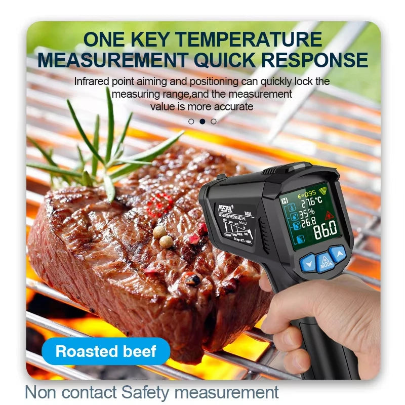 A hand holds a black digital infrared thermometer measuring the temperature of a piece of roasted beef on a grill.