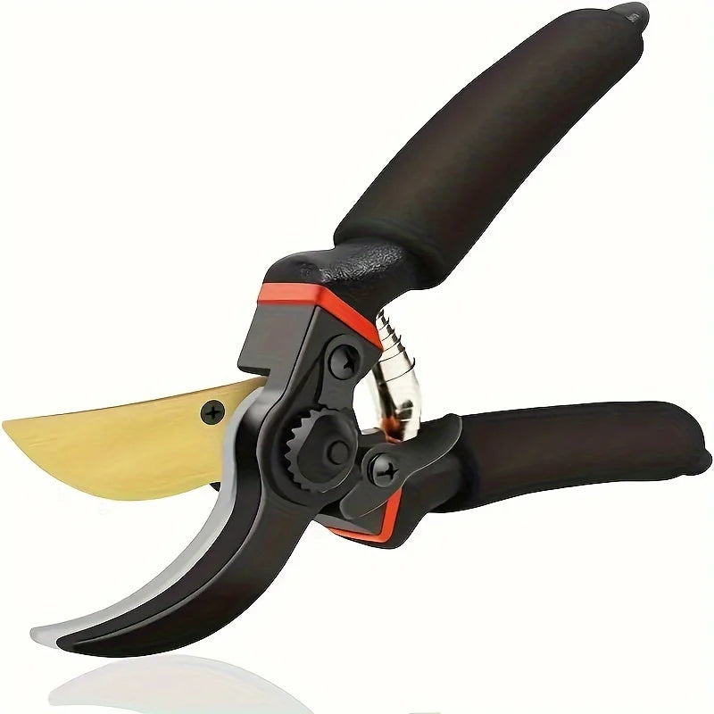 A pair of black garden pruning shears with a yellow blade and an ergonomic handle.
