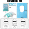 A set of universal fit disposable toilet seat covers in various shapes including O-shape, square, and U-shape.