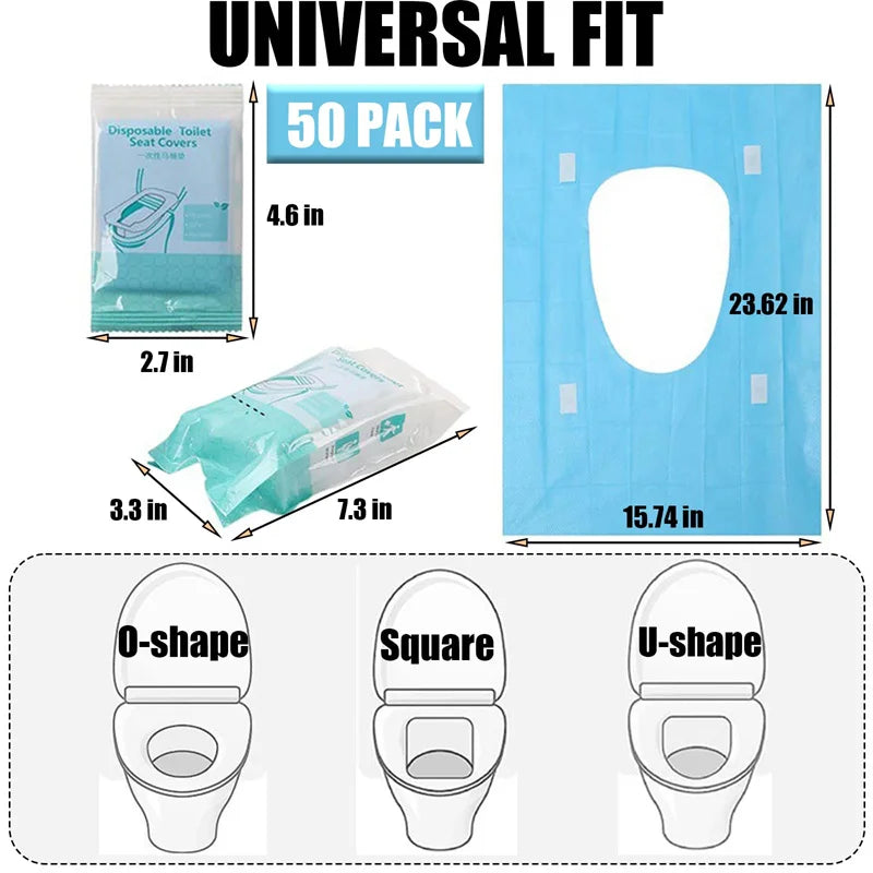 A set of universal fit disposable toilet seat covers in various shapes including O-shape, square, and U-shape.