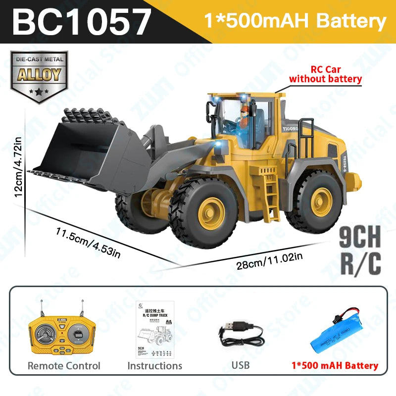 Die-cast metal RC car construction excavator dump truck with 9CH remote control and 1x500mAh battery
