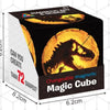 A black box of a changeable magnetic magic cube with a dinosaur design, showing its dimensions.