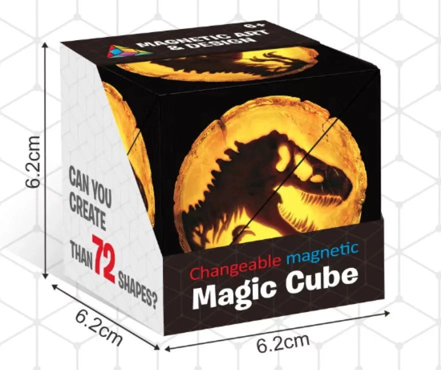 A black box of a changeable magnetic magic cube with a dinosaur design, showing its dimensions.