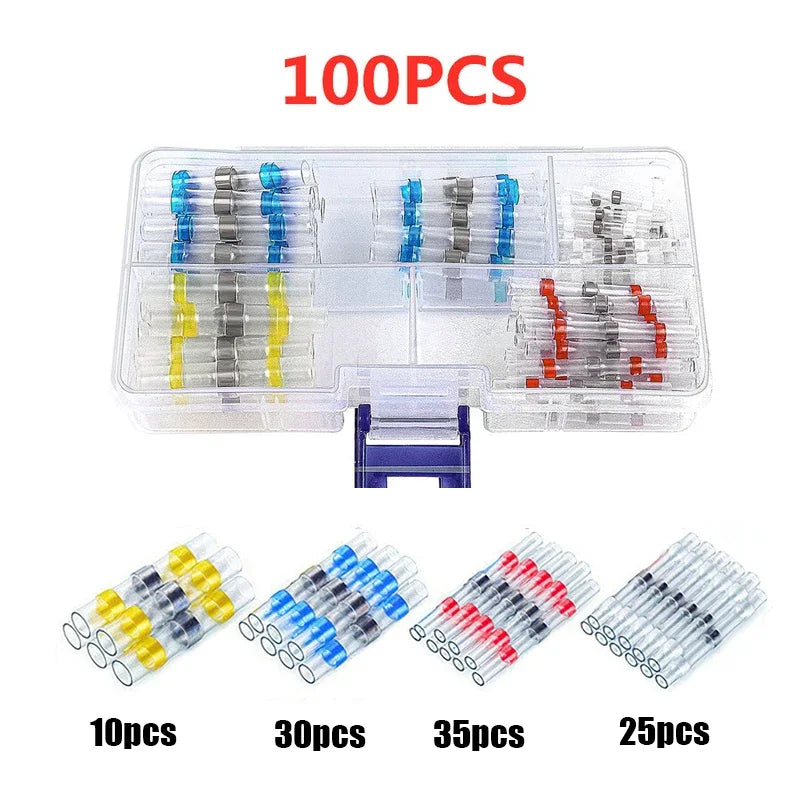 A set of waterproof heat shrink solder wire connectors in various quantities, including 10pcs, 30pcs, 35pcs, and 25pcs.