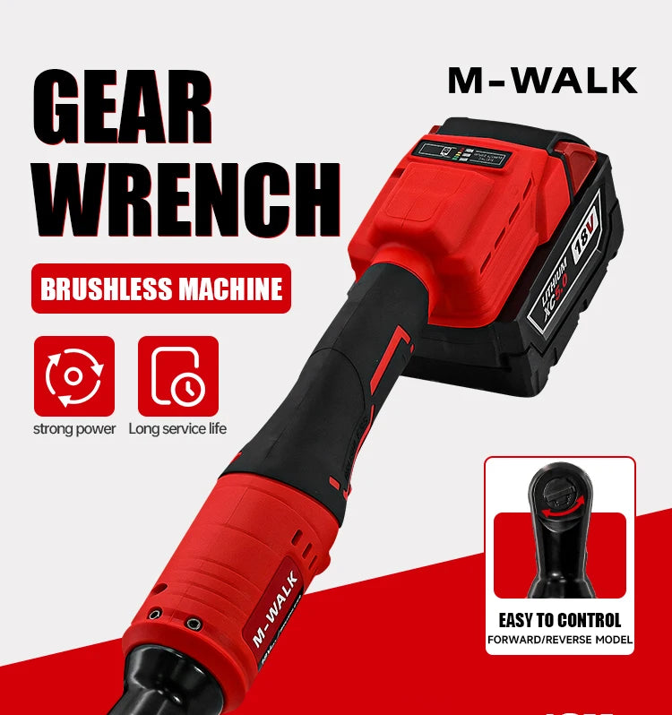 Red M-Walk brushless drill and wrench tool with a black handle and battery.