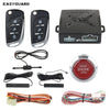 A set of keyless entry components including a remote, a push button, and an engine start stop button.