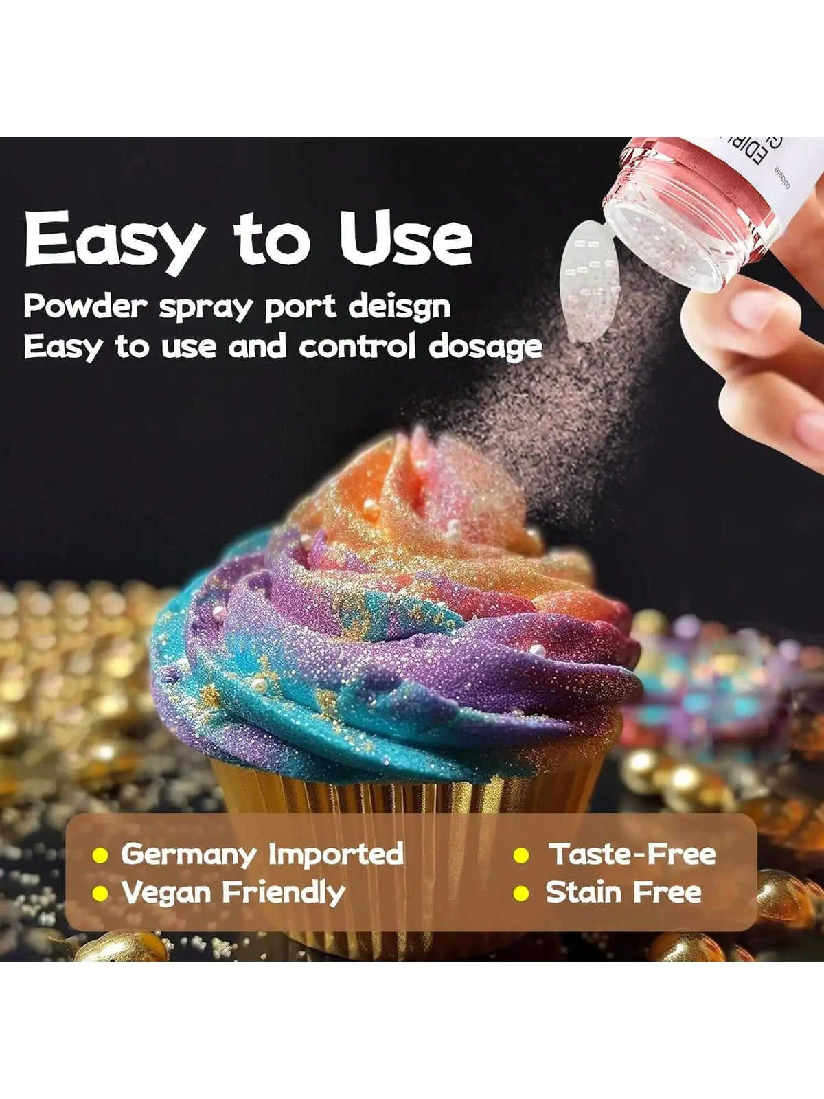 A hand is spraying edible gold dust or glitter powder onto a colorful cupcake for decoration.
