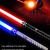 An RGB metal lightsaber with a red and blue blade is shown against a dark background.