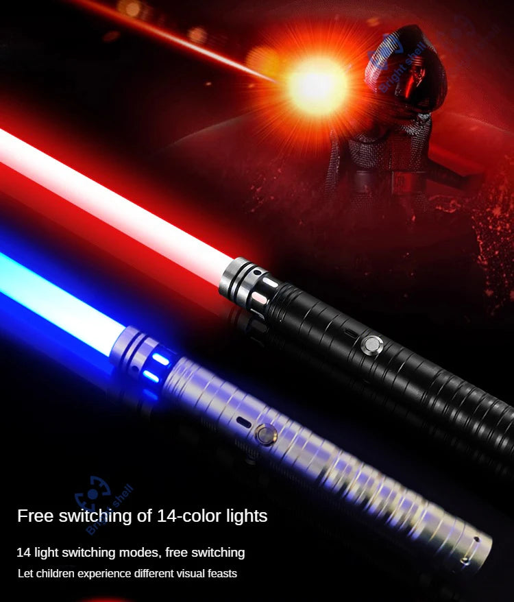 An RGB metal lightsaber with a red and blue blade is shown against a dark background.