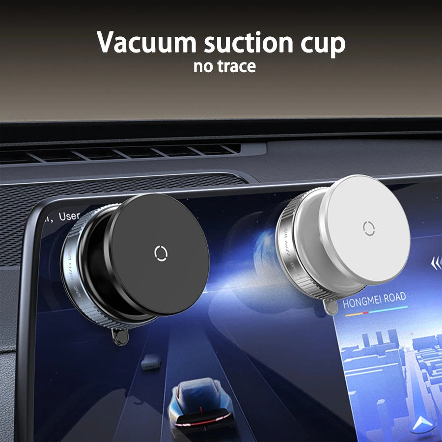 A close-up of a magnetic vacuum suction cup used to mount a phone on a car interior surface.