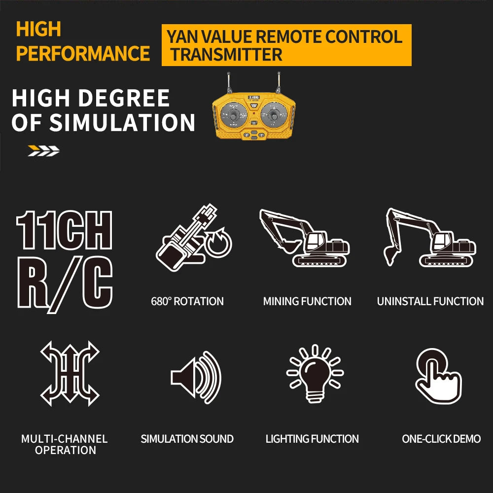 Yellow remote control transmitter for a high degree of simulation R/C model featuring mining, uninstall, and lighting functio