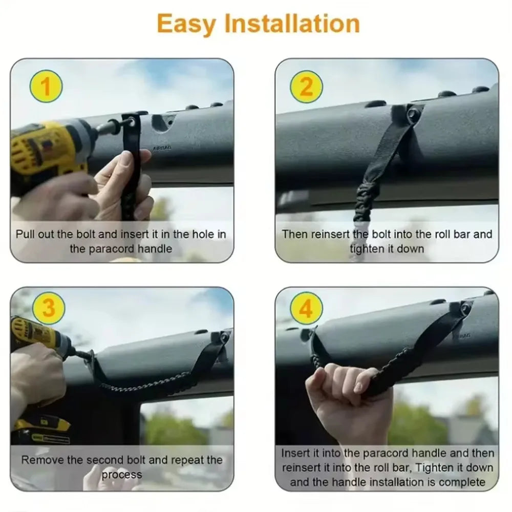 Four steps showing the easy installation of paracord grab handles for a Ford Bronco.