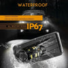 An LED fog light assembly is shown being sprayed by water, demonstrating its waterproof IP67 rating.