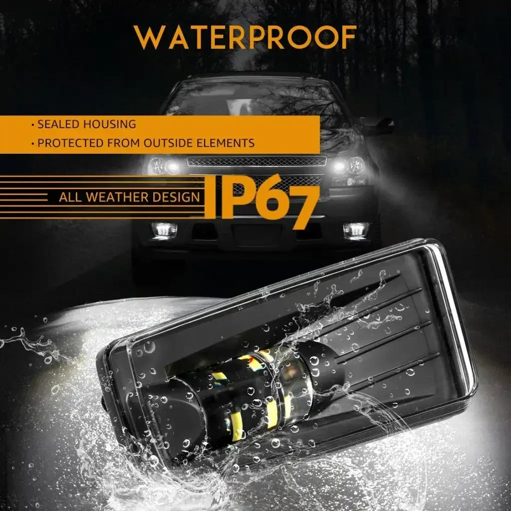 An LED fog light assembly is shown being sprayed by water, demonstrating its waterproof IP67 rating.