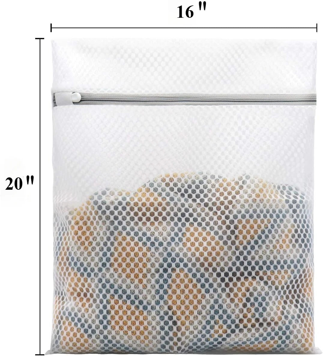 A white mesh laundry bag with a zipper, filled with a mix of light brown and blue spherical items.