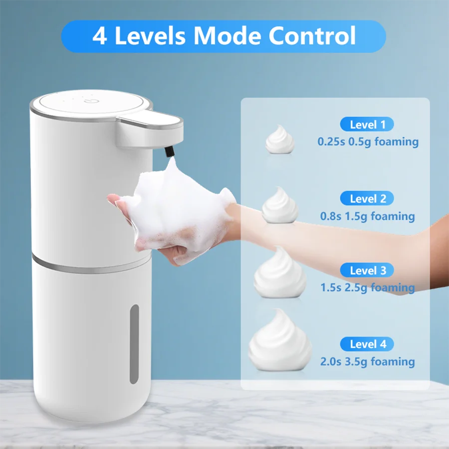 A white touchless automatic soap dispenser is shown with a hand squeezing foam, demonstrating four levels of adjustable foami