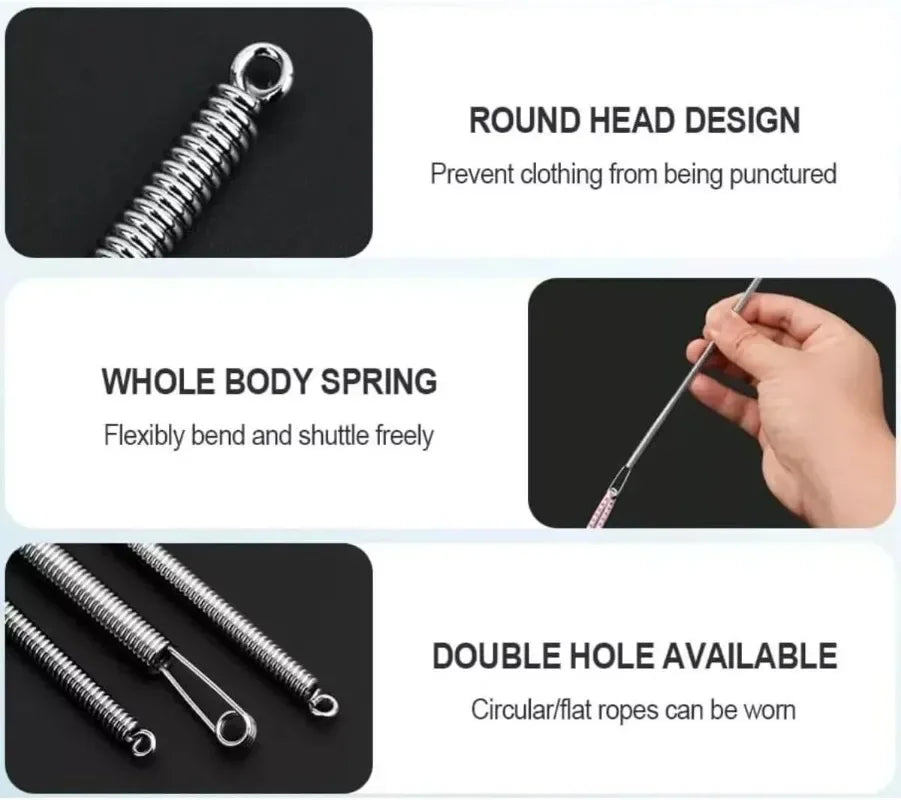 A close-up view of a spring drawstring needle threader tool showing its round head design, whole body spring, and double hole