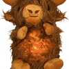 A fluffy brown Highland cow plush toy with breathing motion and light features.