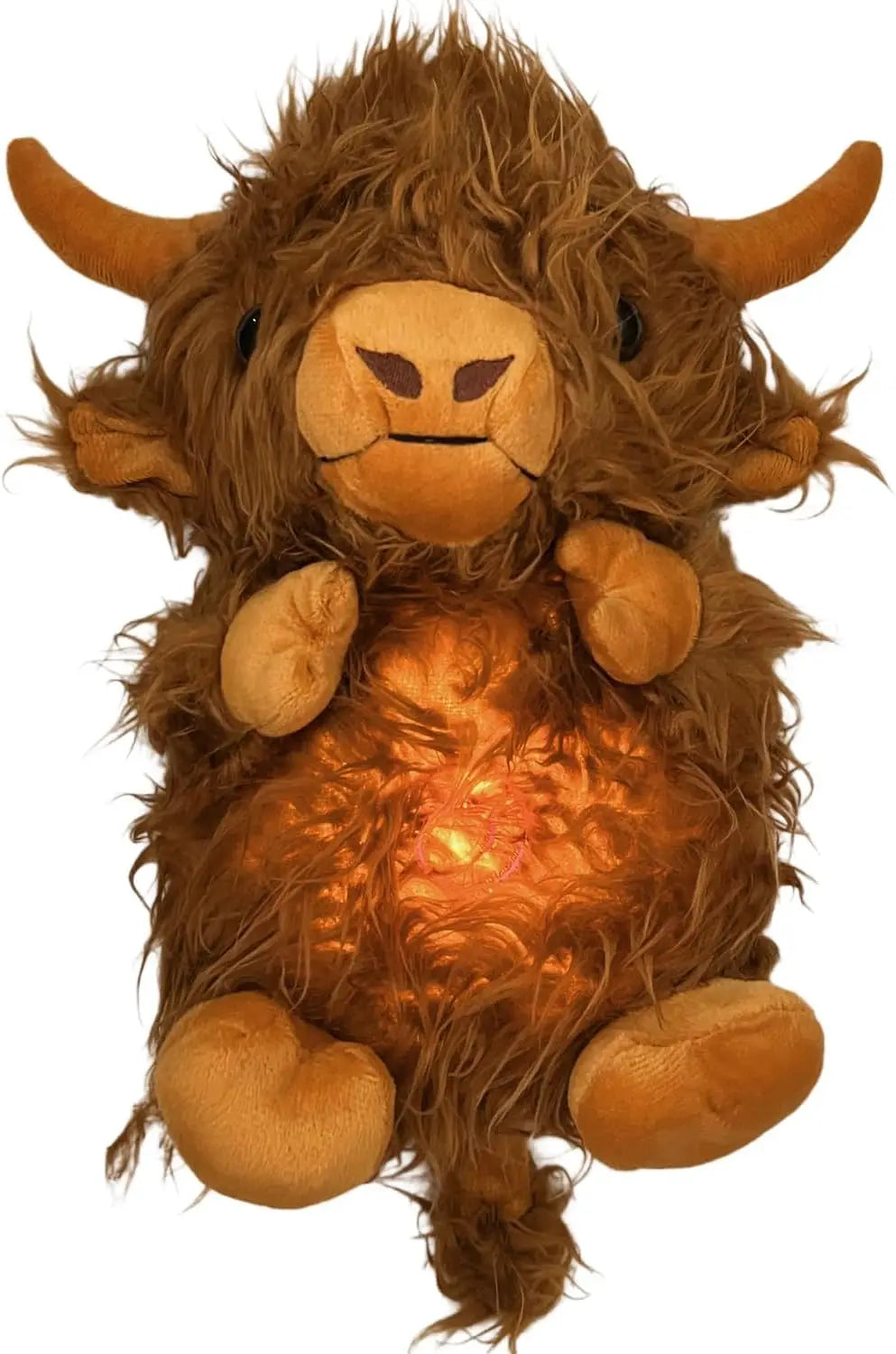 A fluffy brown Highland cow plush toy with breathing motion and light features.