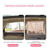 Cartoon bear sun shade curtains installed in a car window, showing the difference before and after installation.