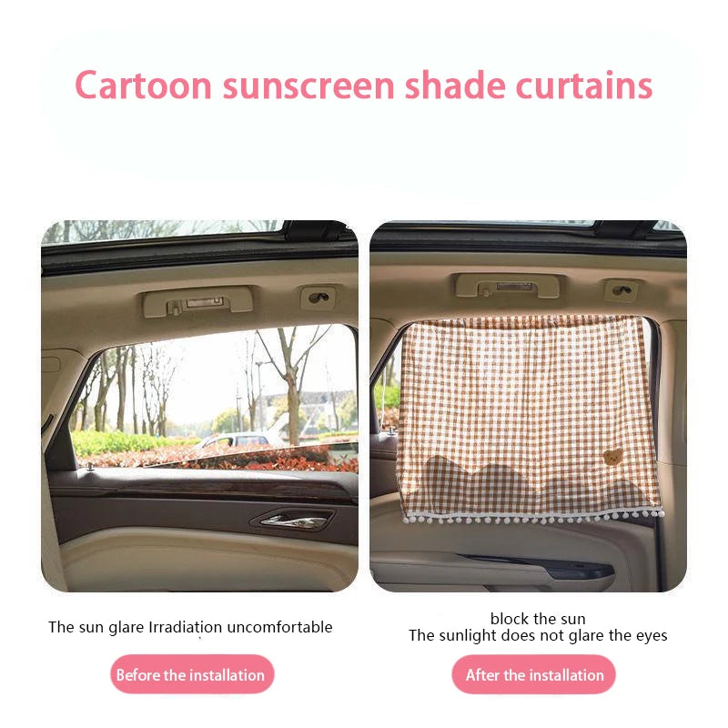 Cartoon bear sun shade curtains installed in a car window, showing the difference before and after installation.