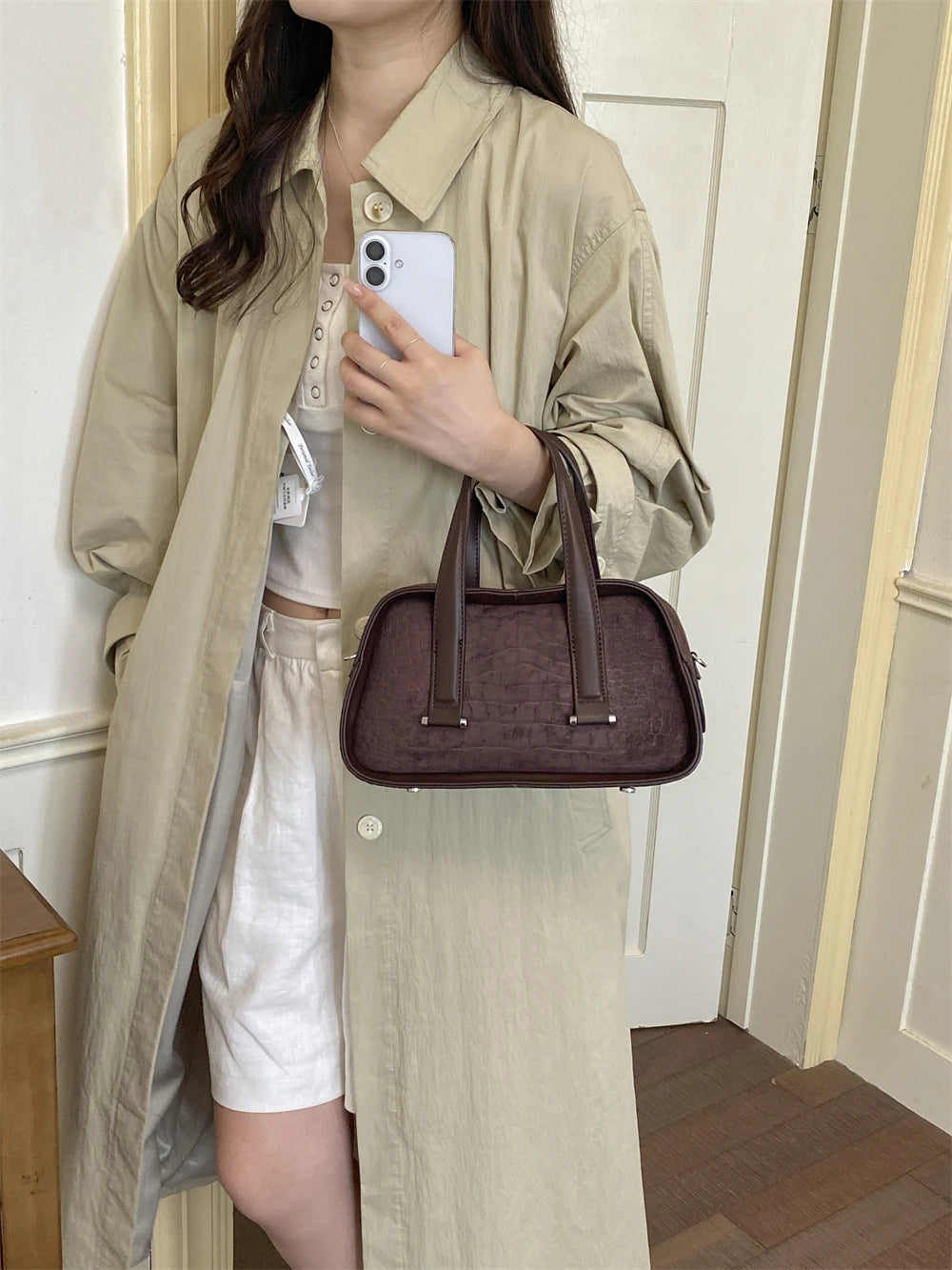 Vintage Croc-Embossed Mini Boston Bag with Dual Straps
