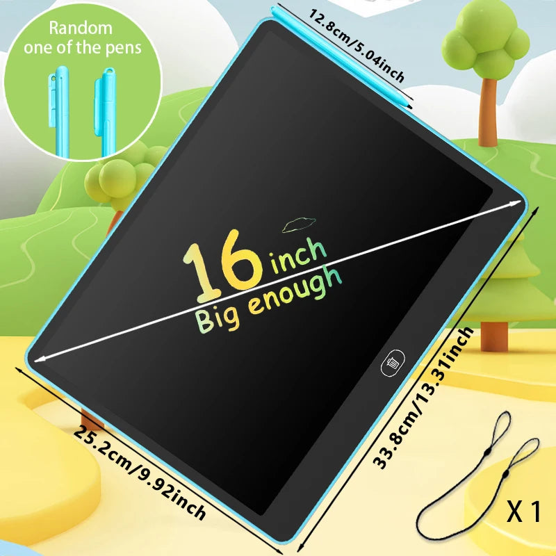 Tablette d'écriture LCD noire de 16 pouces avec une bordure bleu clair et un cordon noir, à côté d'un arbre vert.