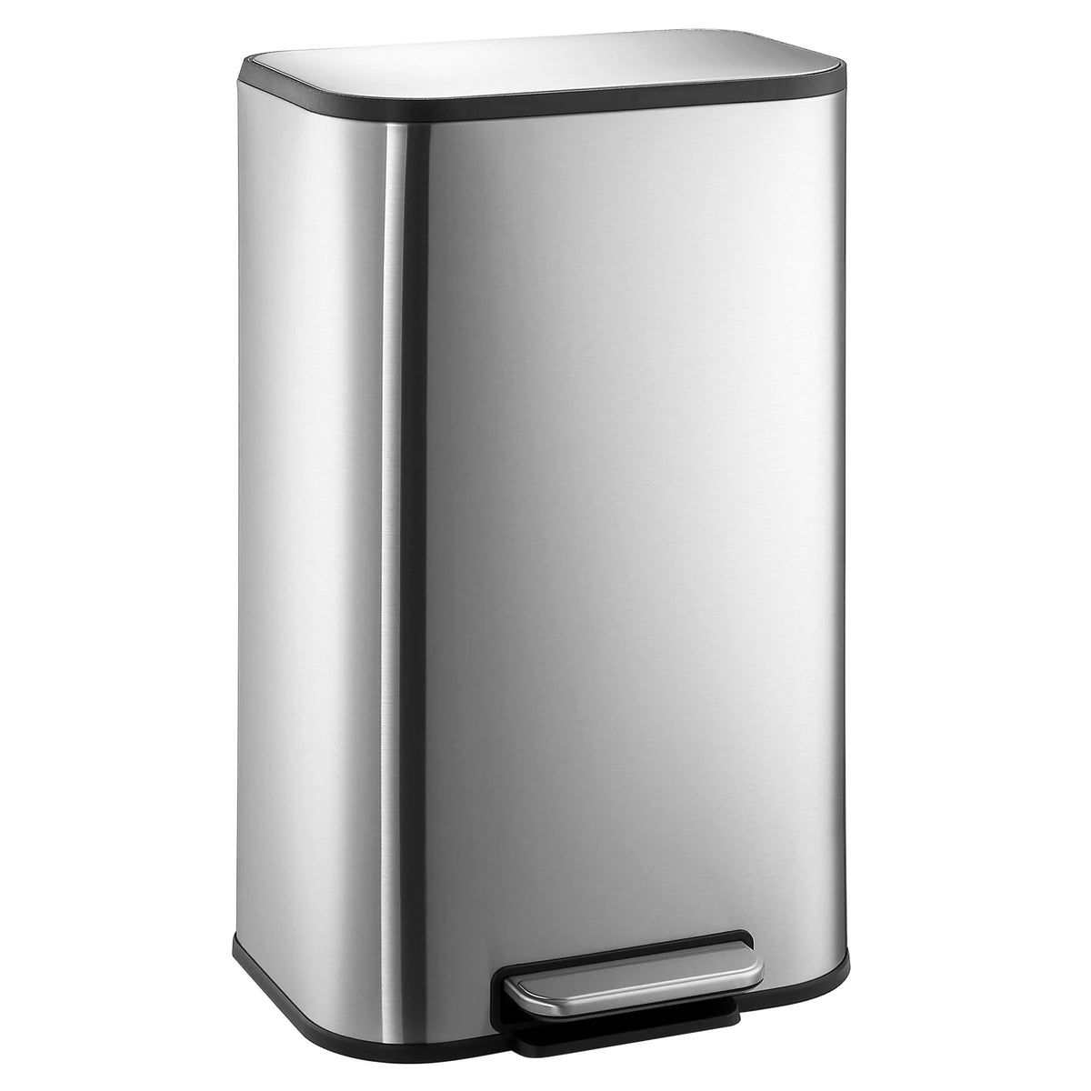 A modern stainless steel trash can with a soft-close lid and a step pedal.