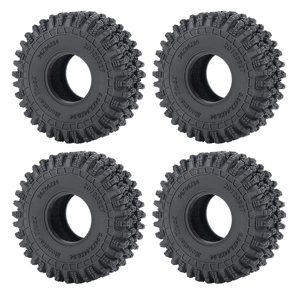 Four views of soft rubber tires for 1/18 and 1/24 RC crawler cars