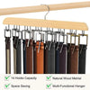 Wooden belt organizer rack featuring 14 hooks made from natural wood material for multi-functional hanging.