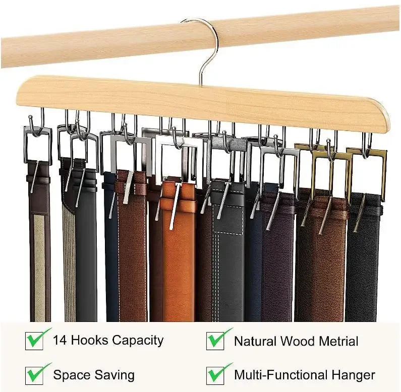 Wooden belt organizer rack featuring 14 hooks made from natural wood material for multi-functional hanging.