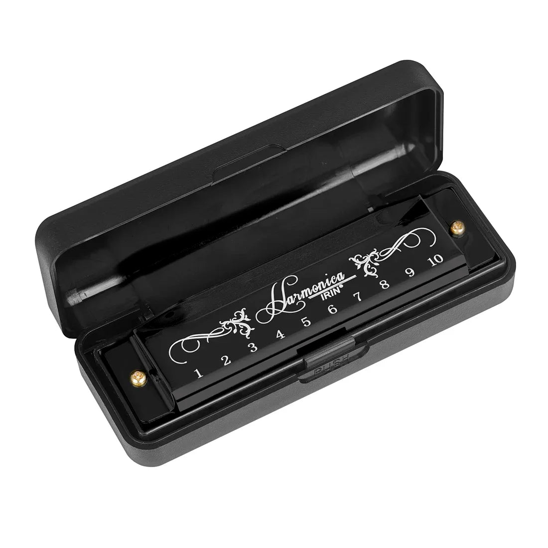 Black 10-hole C key harmonica for beginners with a colorful finish, shown open.