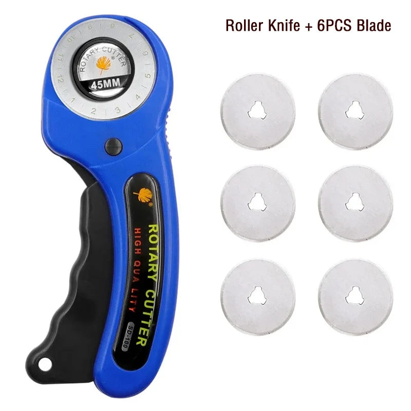 Blue rotary knife with a black handle and six spare blades for sewing and crafting