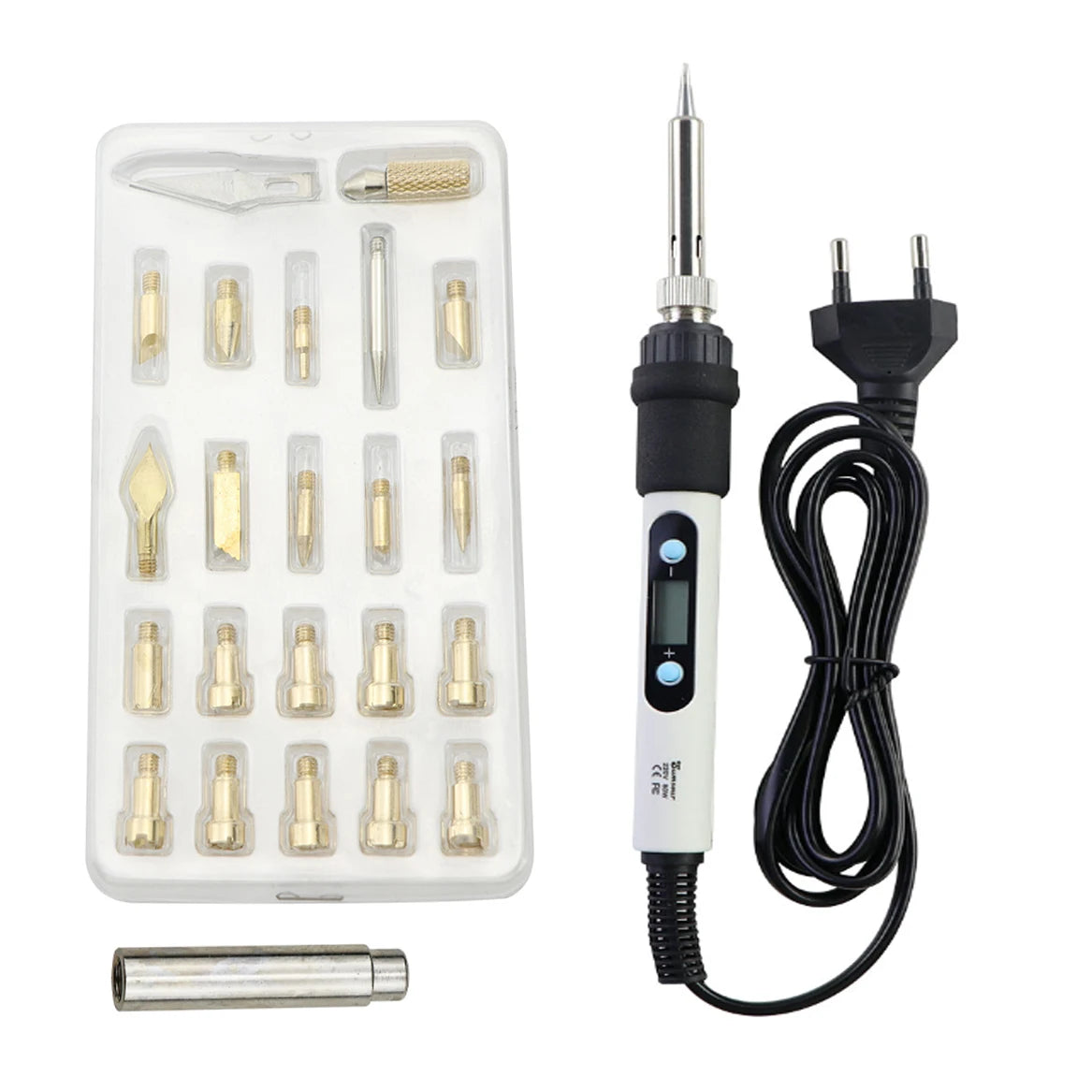 A kit of wood burning and soldering pens with various tips and a power cord.