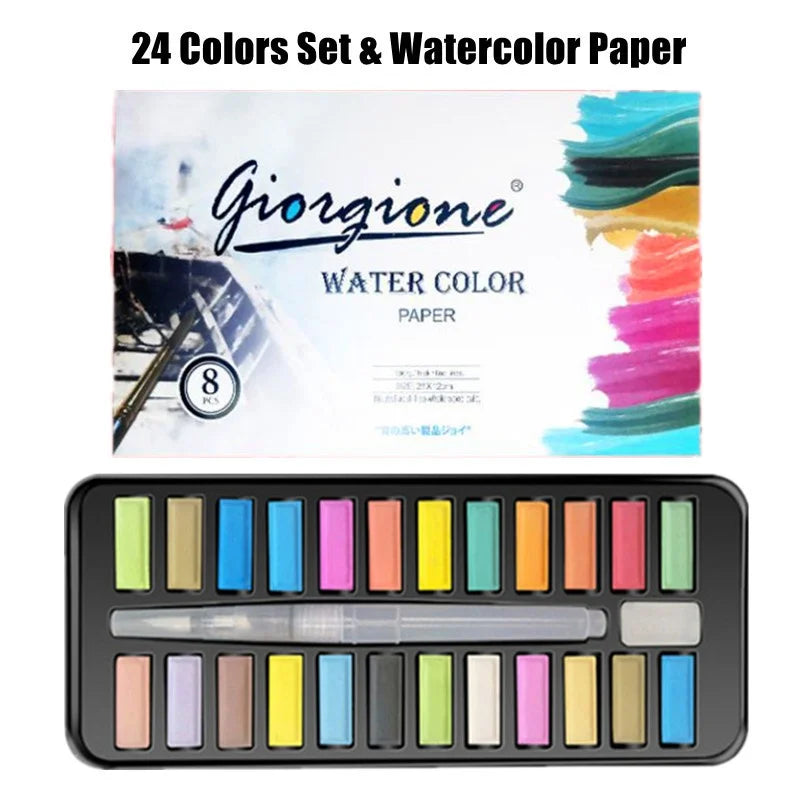 A set of 24 watercolor paints and paper from Giorione brand displayed in a black metal case.