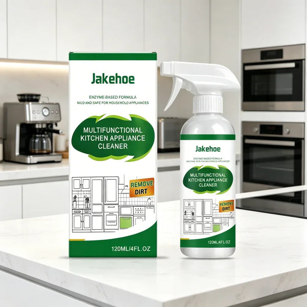 Une bouteille de nettoyant multifonction pour cuisine Jakehoe avec distributeur à pompe blanc et étiquette verte sur un suppo