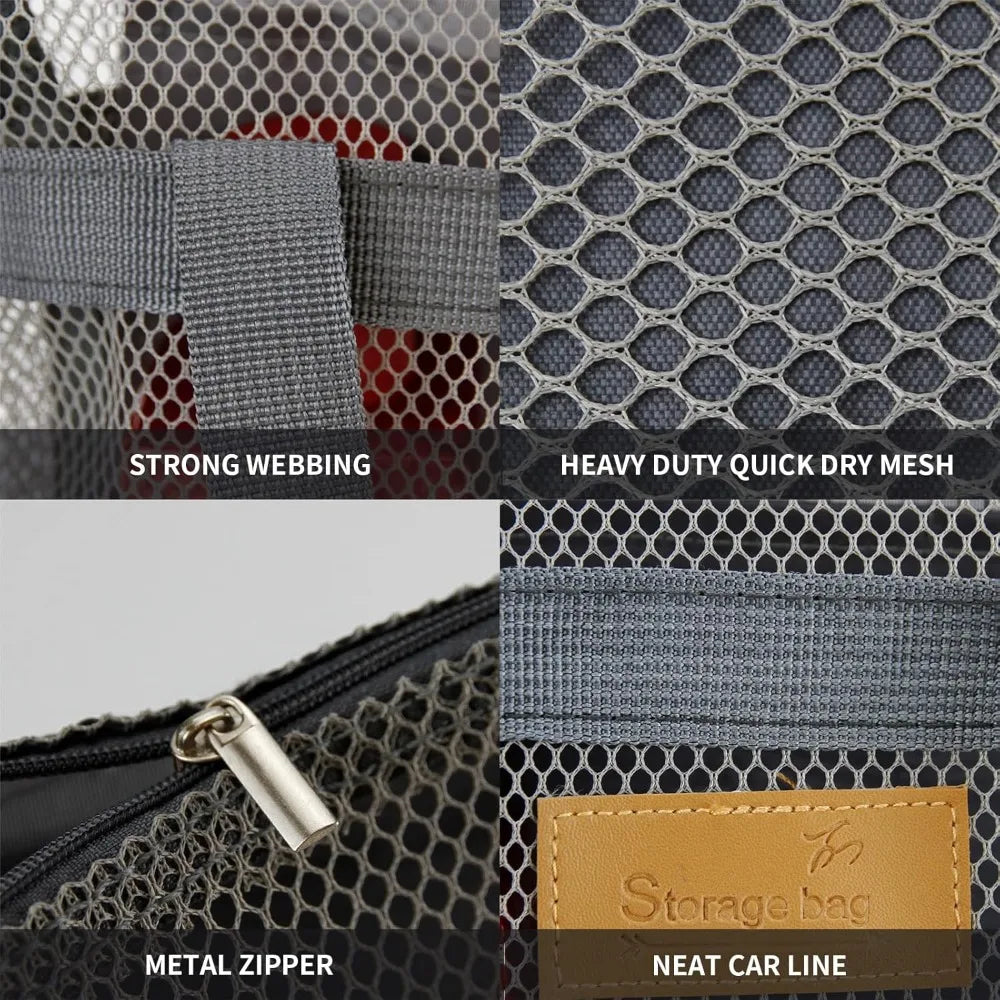 Close-up view of a gray mesh hanging toiletry bag featuring strong webbing, a metal zipper, and a neat car line.