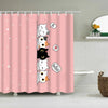 Pink shower curtain featuring cute cartoon cats saying Hi and Hello