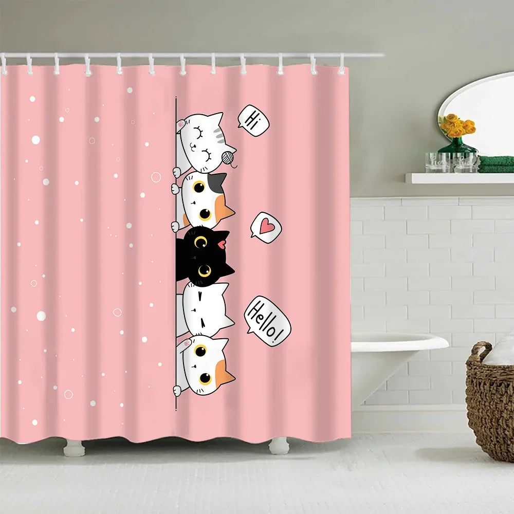 Pink shower curtain featuring cute cartoon cats saying Hi and Hello