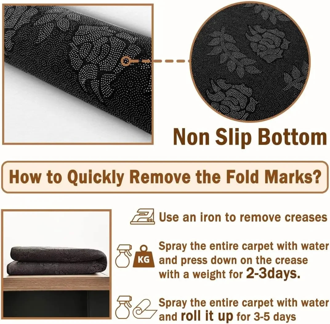 Image showing a non-slip bottom rug and instructions on how to quickly remove fold marks from the carpet.