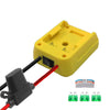 Yellow power tool battery adapter featuring a fuse, switch, and multiple connector pins.